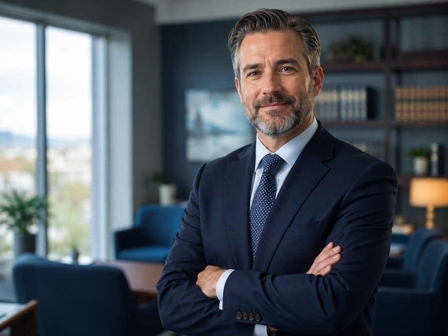 A confident personal-injury attorney in a modern regional law office