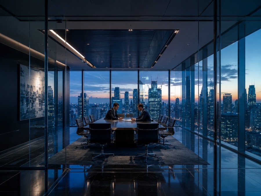 Two corporate lawyers reviewing a deal in a glass boardroom overlooking a city skyline at dusk